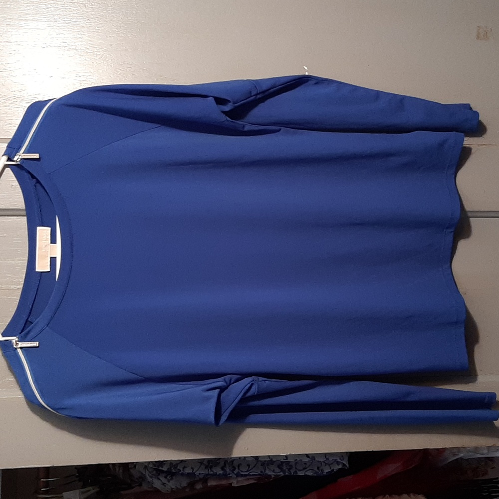 Michael Kors blue dress shirt with silver zippers at shoulders